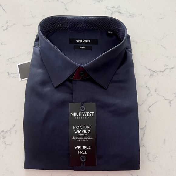 NINE WEST Men's Slim-Fit Wrinkle-Free Stretch DARK NAVY M (15-15 1/2) 32/33 - Picture 6 of 13